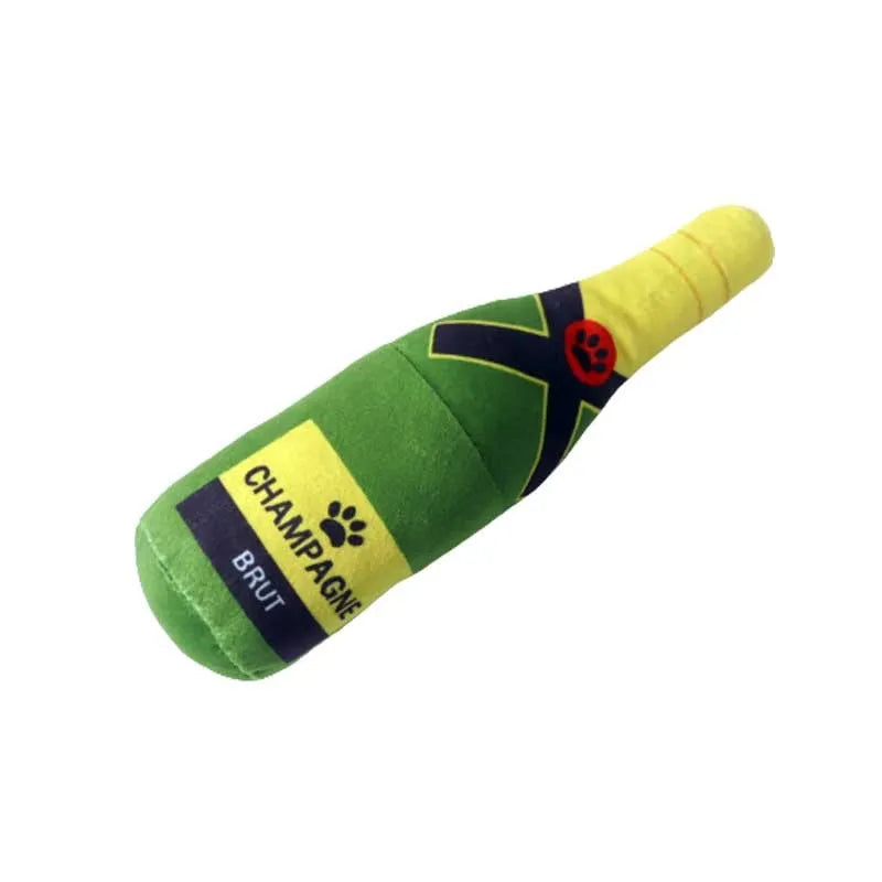 Plush wine bottle shaped pet toy for dogs and cats in assorted colours.