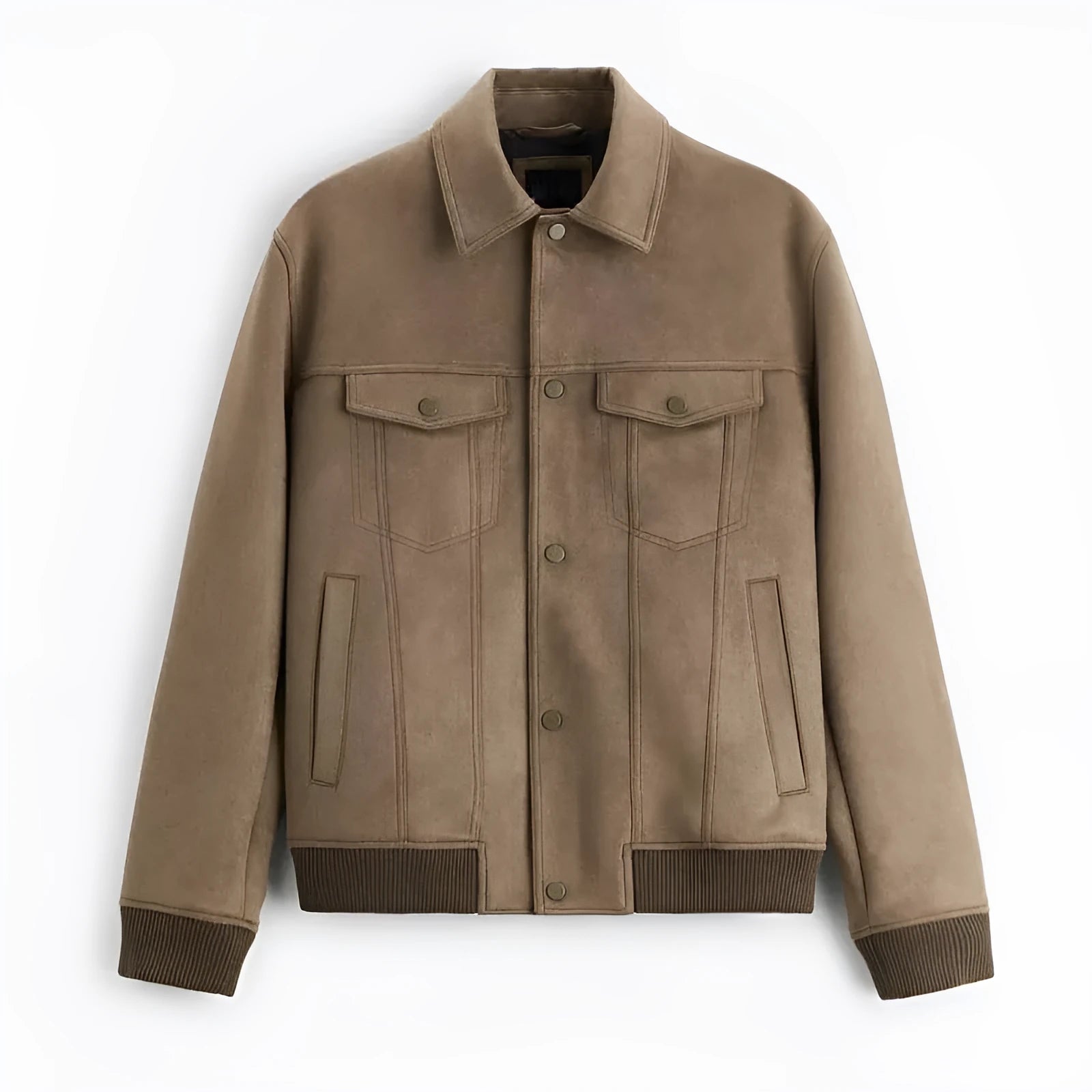 A long-sleeve suede velvet commuter jacket in British style, shown in Mink and Light Grey colour options.