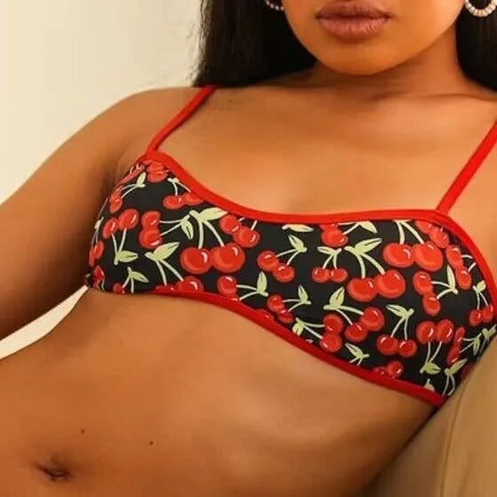 Women's cherry print floral bikini swimsuit set with tube top and briefs