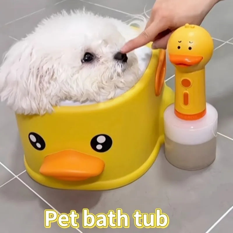 Blue duck-shaped PVC bathtub for washing small dogs and cats on a plain background.