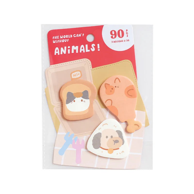 Animal-shaped sticky note set with 90 pages showing six different animal-themed designs