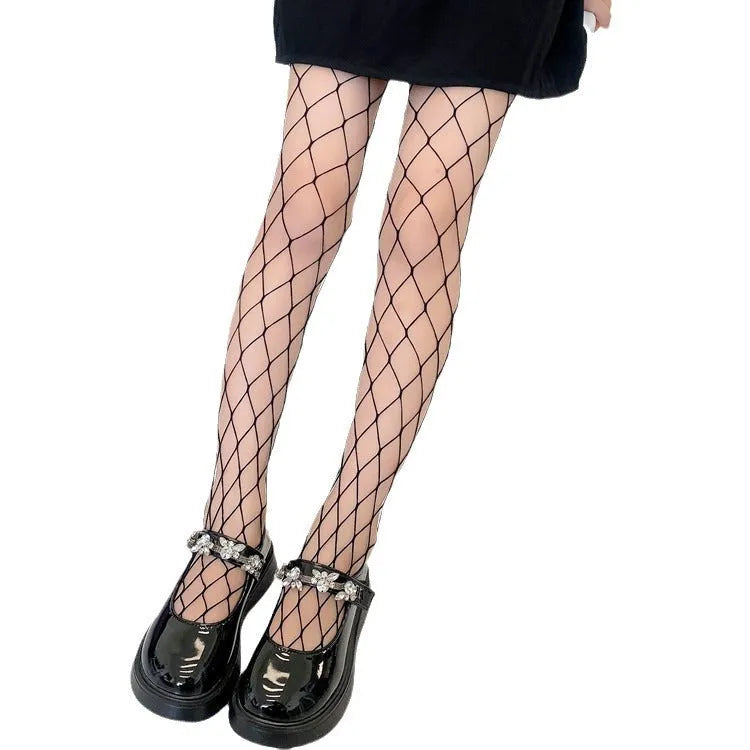 Women's summer mesh stockings showing large, medium and small net patterns in black and white colours