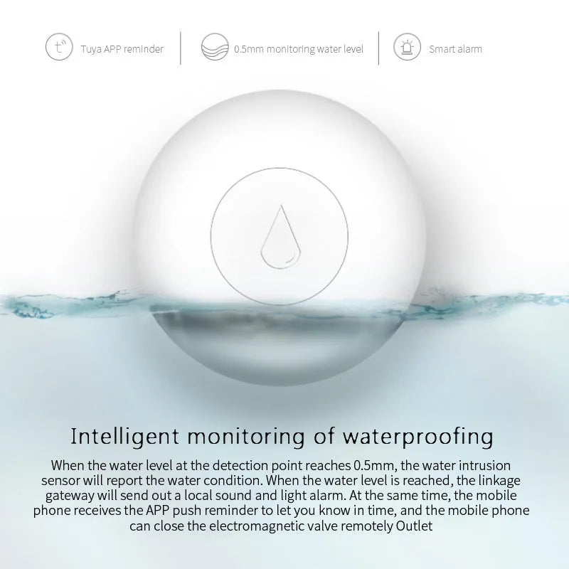 Compact white Zigbee wireless water leak sensor with CR2032 battery on a wooden surface