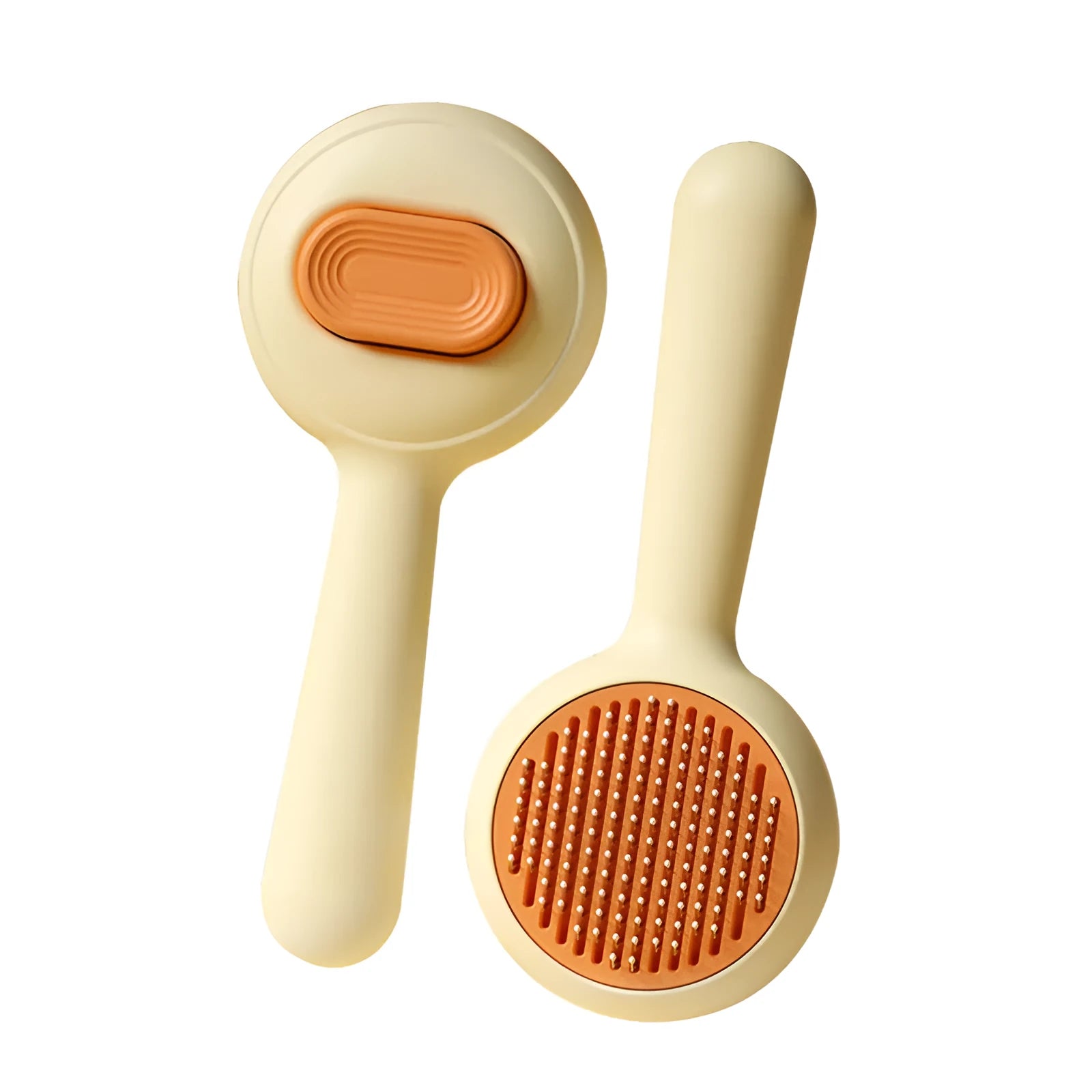 Green pet grooming brush with stainless steel teeth and non-slip handle