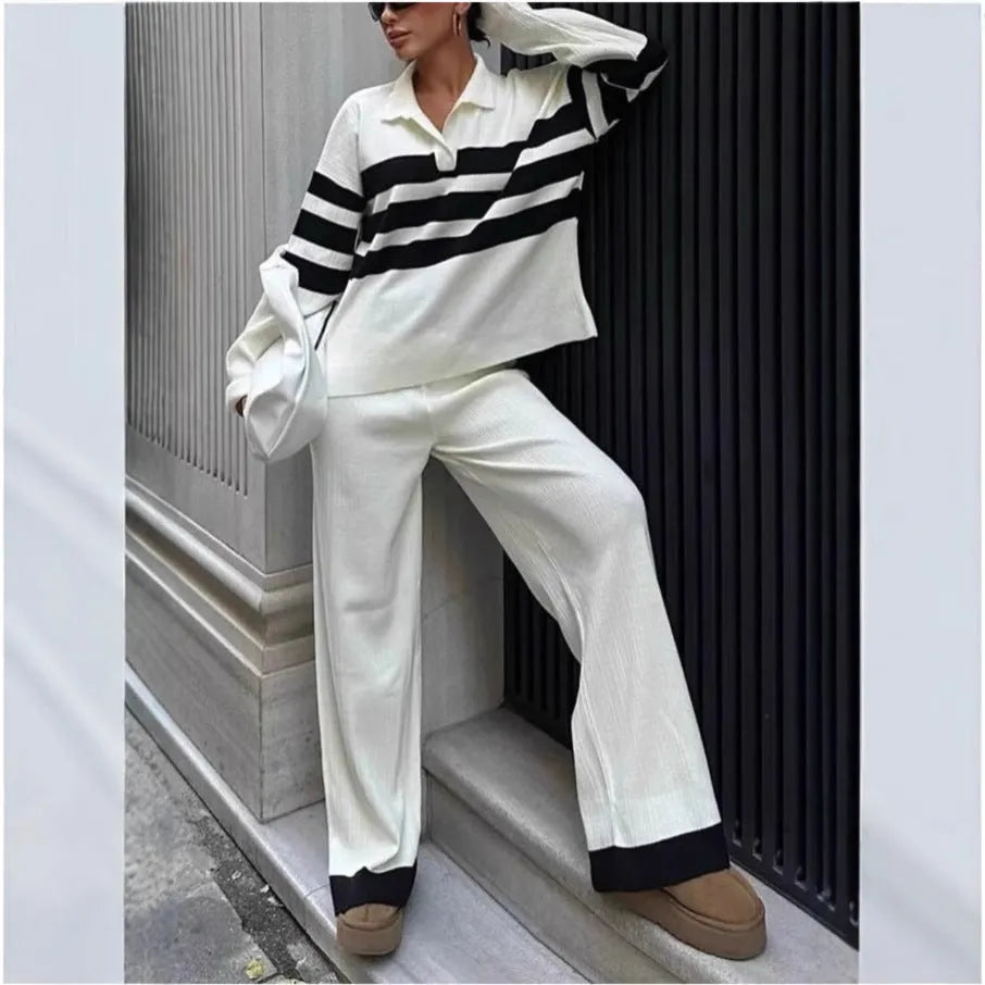 Women's black and white striped polo shirt with contrast collar and matching trousers casual two-piece set