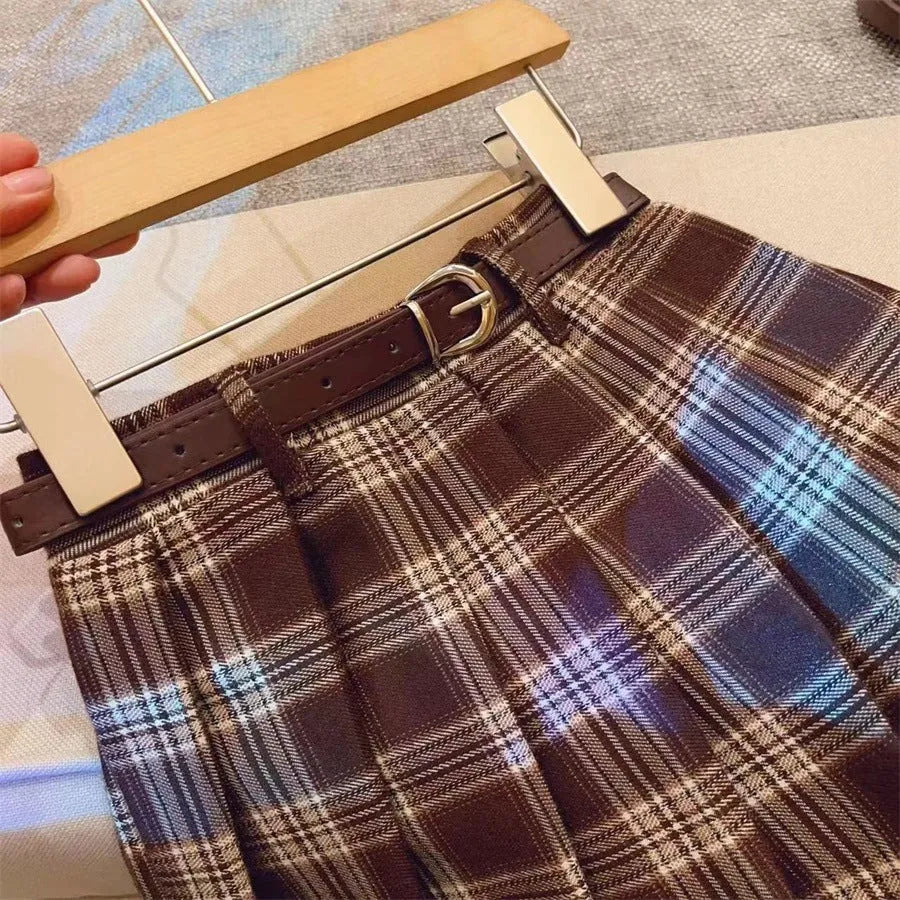 Girls' cotton blend plaid pleated A-line skirt for spring and autumn casual wear