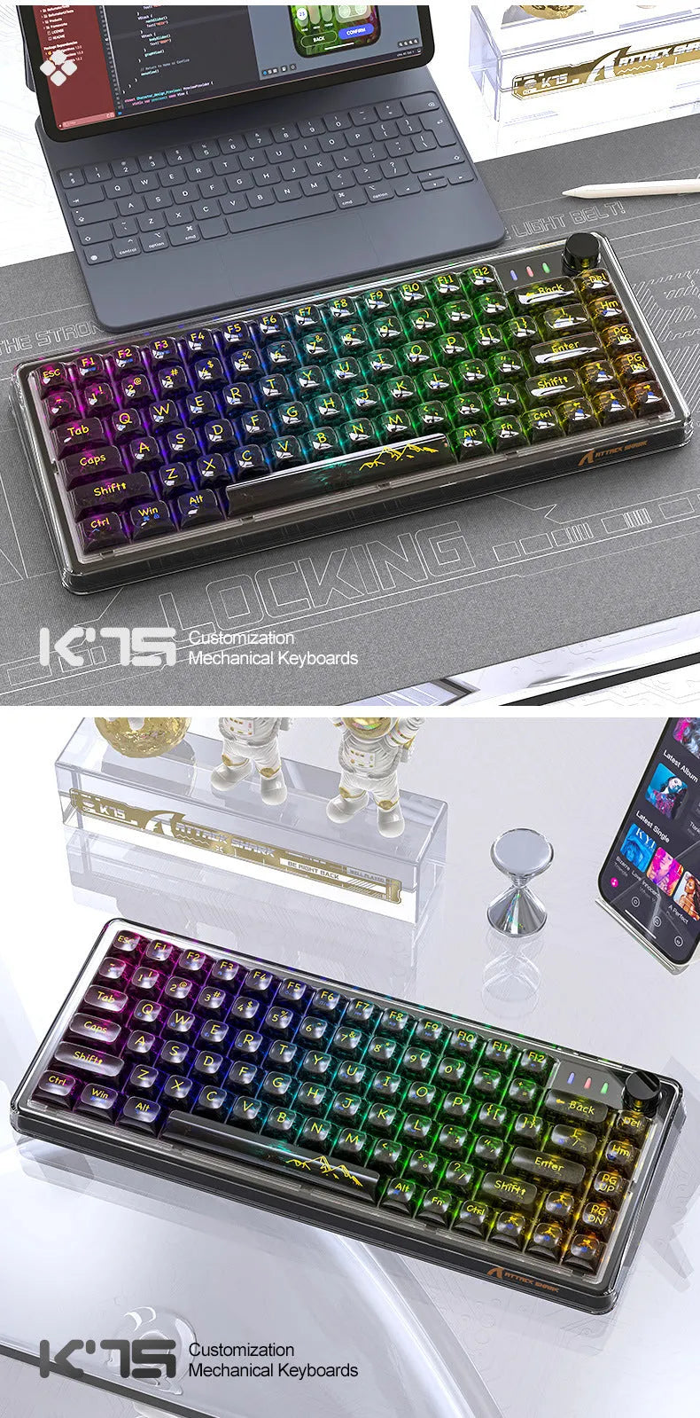 Attack Shark K75RGB wireless mechanical keyboard with transparent case and RGB lighting