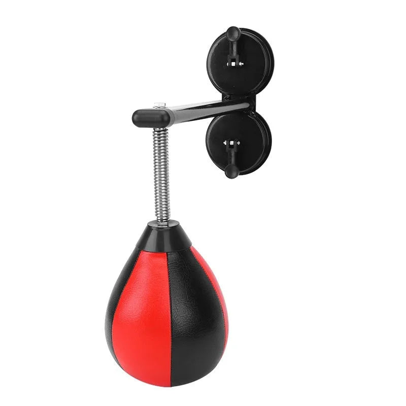 Pear-shaped boxing speed ball with double suction cup mounting and red/black ball head