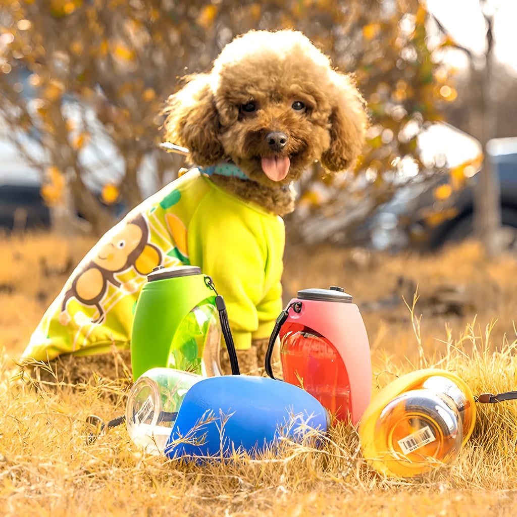 Plastic pet water bottle with drinking bowl in fruit green colour showing 680ml capacity