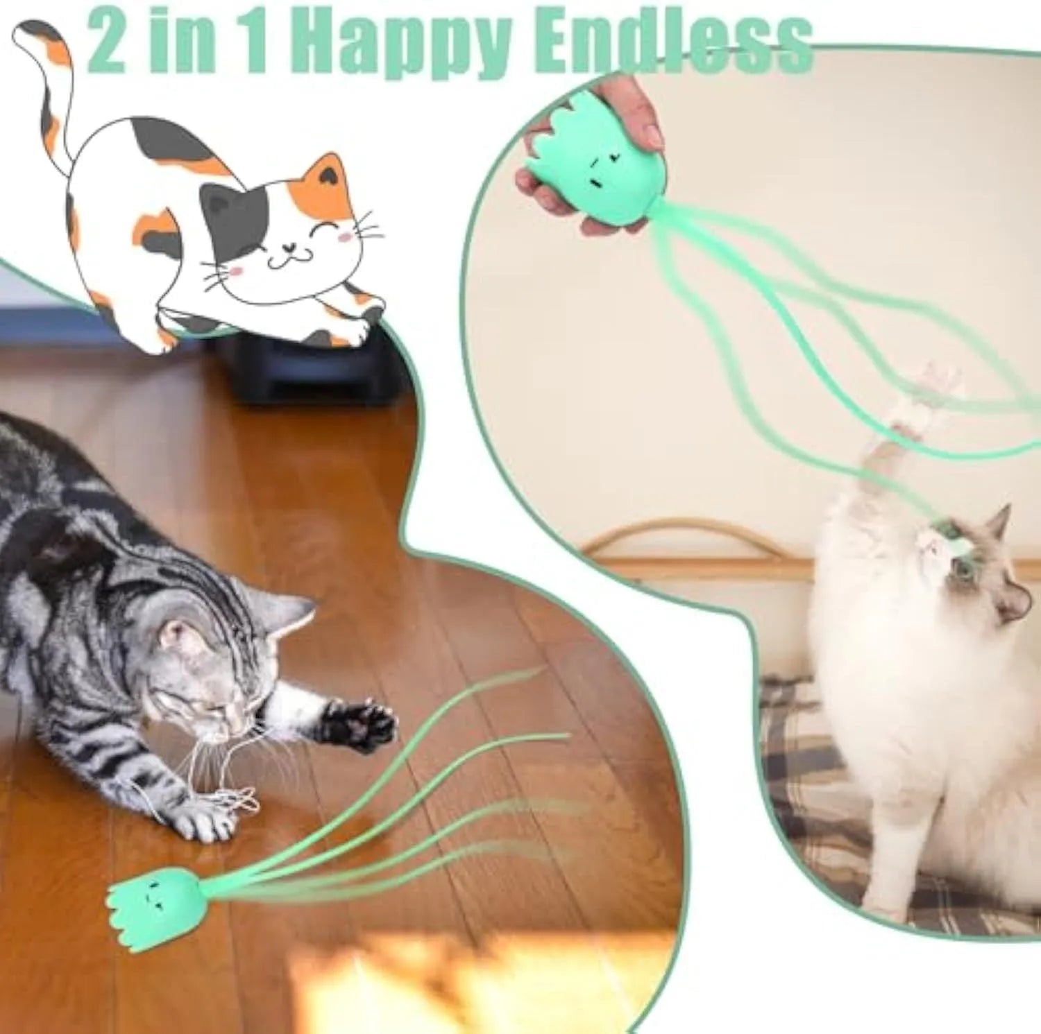 Electronic cat wand toy with swinging silicone tail for indoor cat play