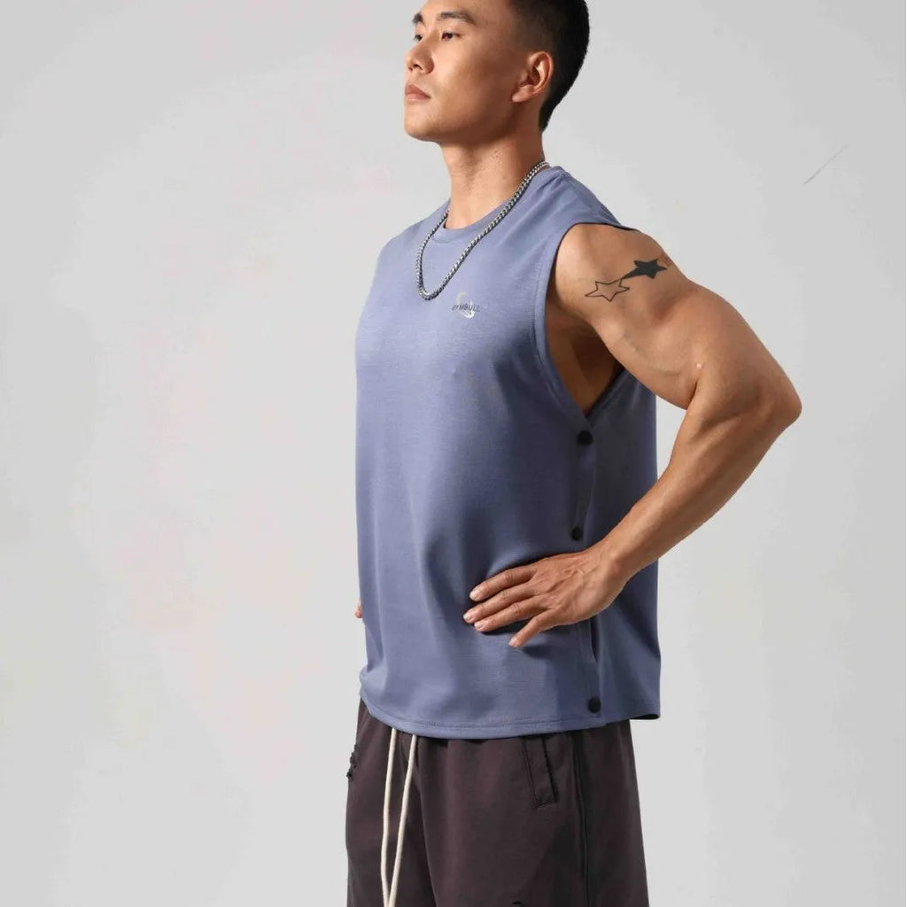 Men's Korean style loose cotton fitness vest with hidden hook fastening on sides