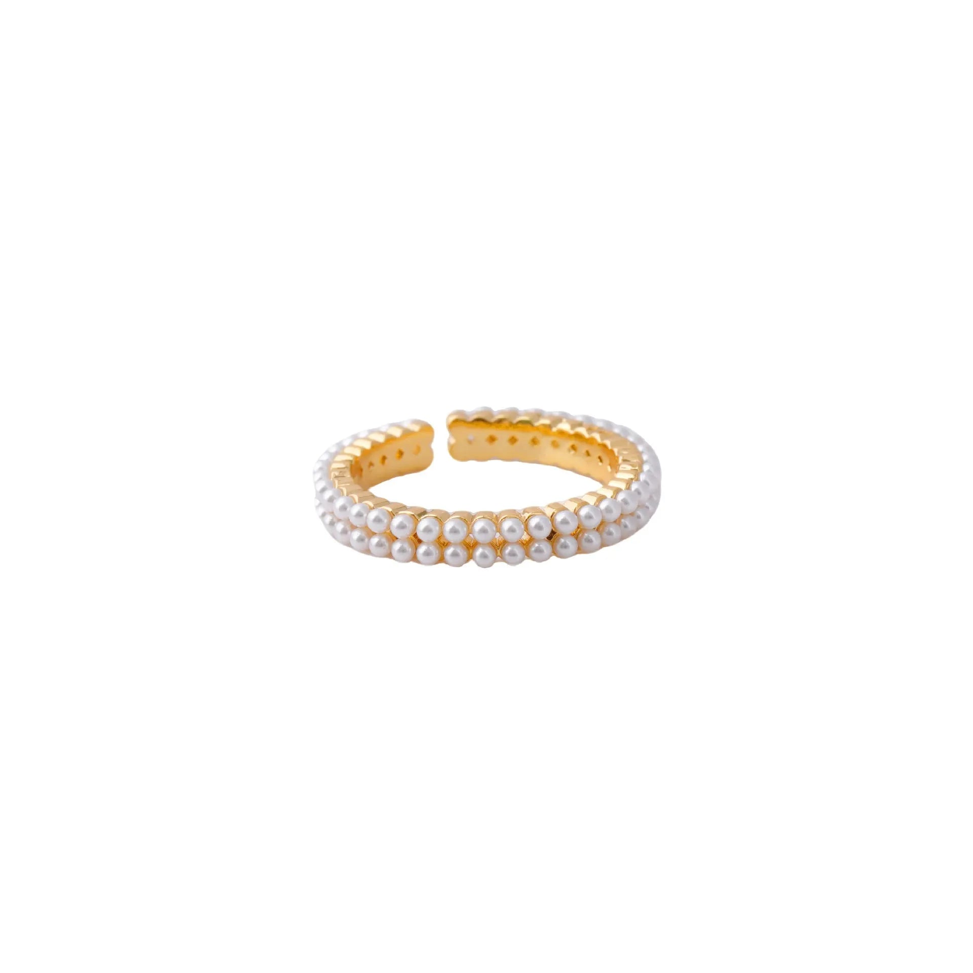 Gold coloured women's ring with open mouth design and round pearl elements on copper electroplated construction