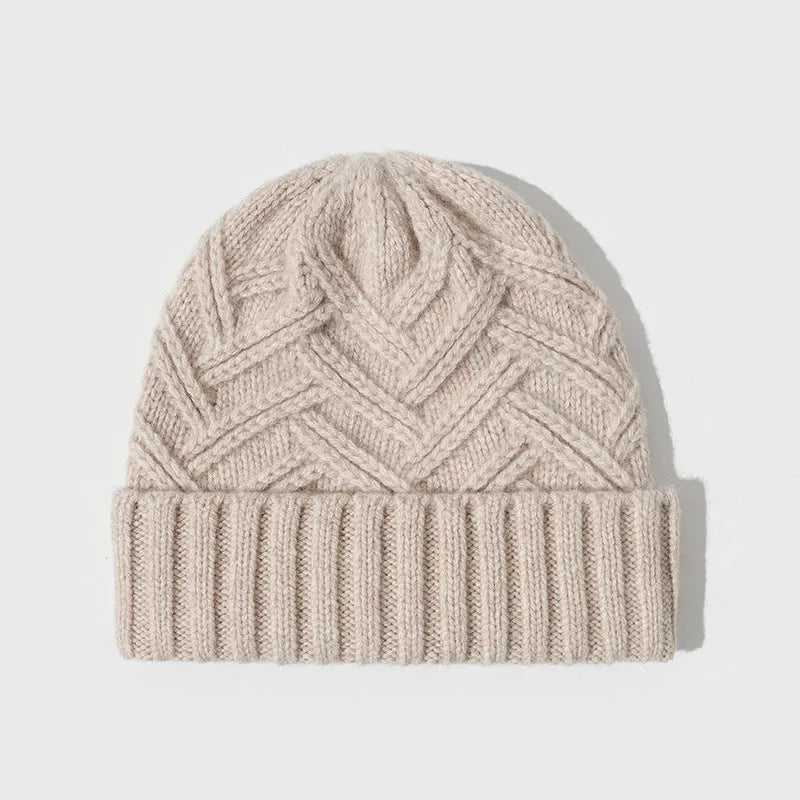 Wool knitted winter hat with dome crown and totem pattern in multiple colour options