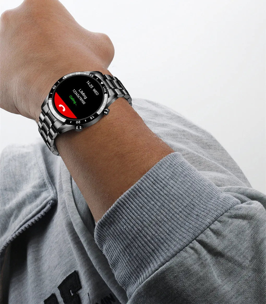 Smart watch with stainless steel band showing 1.3-inch touchscreen displaying step count