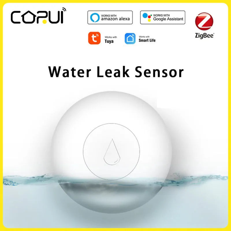 Compact white Zigbee wireless water leak sensor with CR2032 battery on a wooden surface