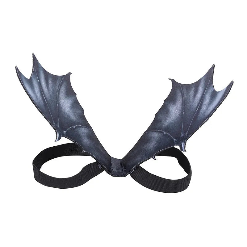 Black cloth bat wing costume for pets, shown in small, medium, and large sizes for cats and dogs.