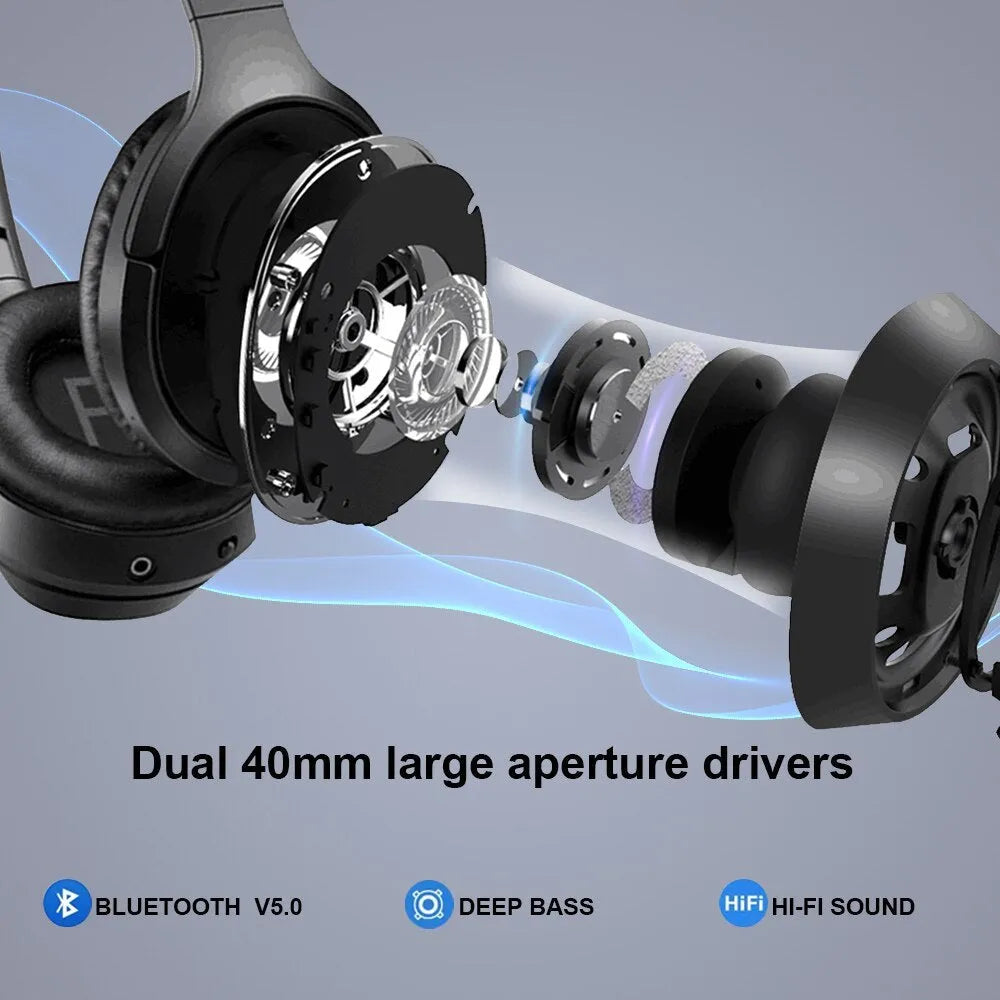 Black Gorsun E98 over-ear Bluetooth headphones with memory-protein cushions on headband.