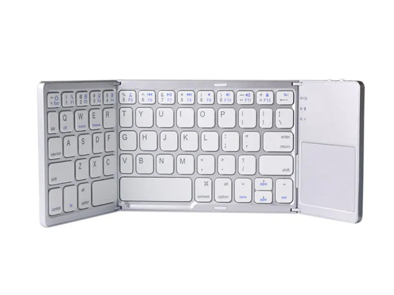 Black tri-fold folding Bluetooth keyboard with touchpad shown open and closed, next to a mobile phone