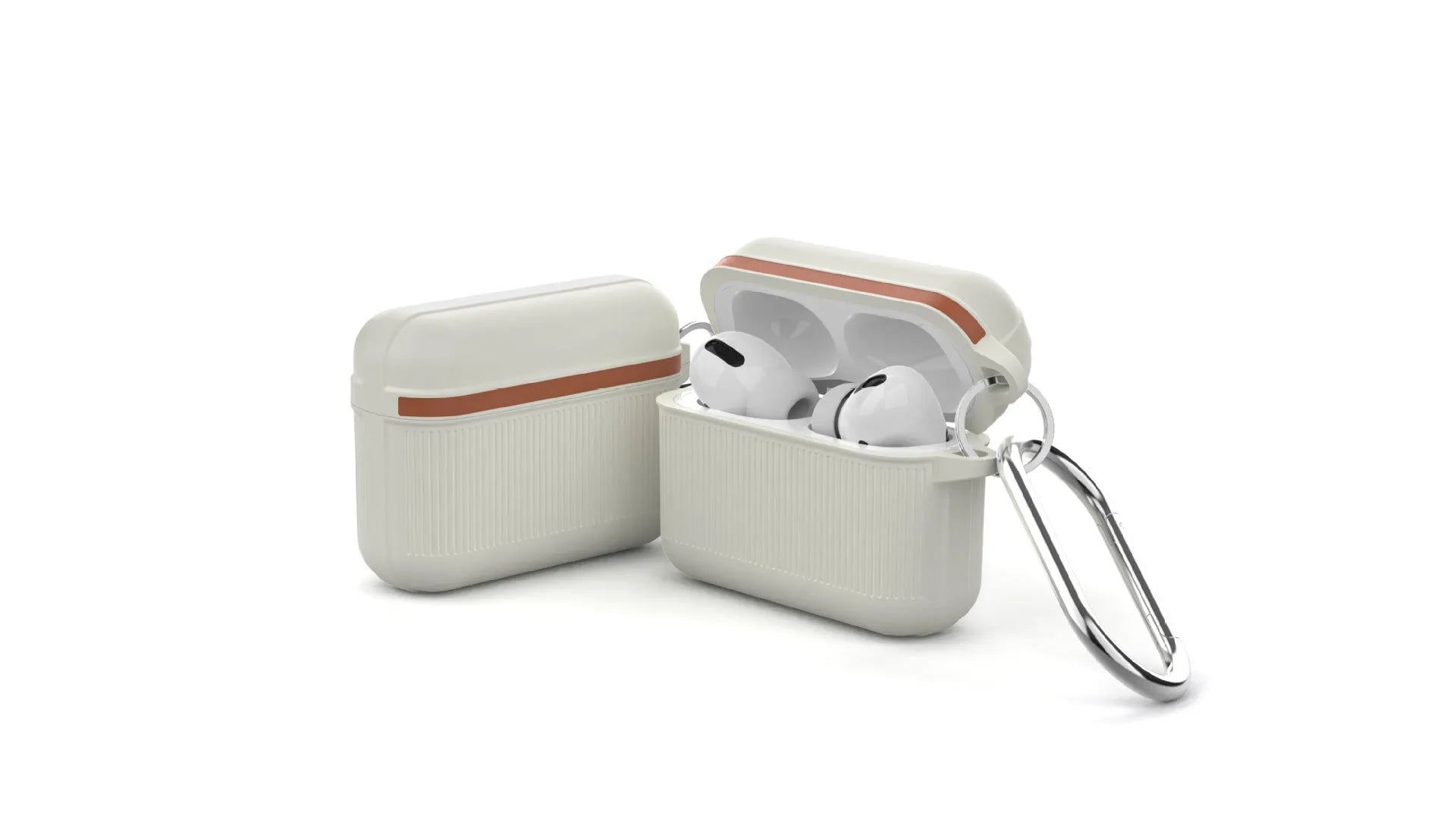 Beige silicone protective case with metal buckle for Apple AirPods charging case.