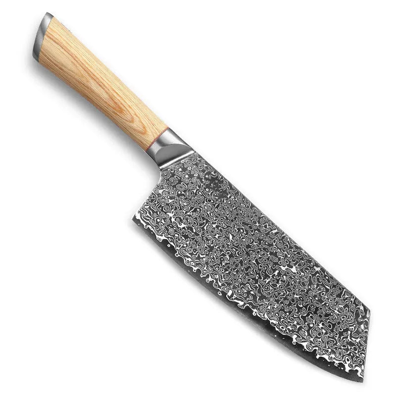 Damascus 12-piece kitchen knife set showing layered steel pattern on various blade sizes from 3.5-inch to 9-inch