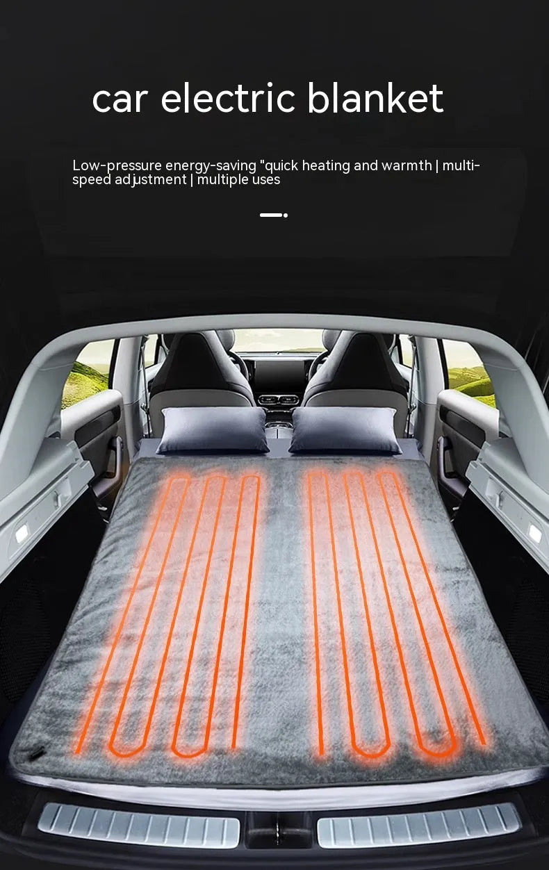 Grey 12V car electric blanket with cigarette lighter plug and 9-speed temperature controller, shown in single and double sizes.