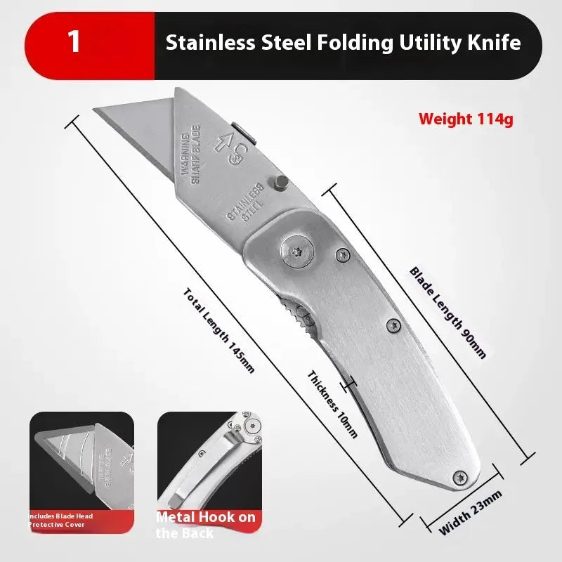 Stainless steel folding art knife with black blade and pack of replacement blades