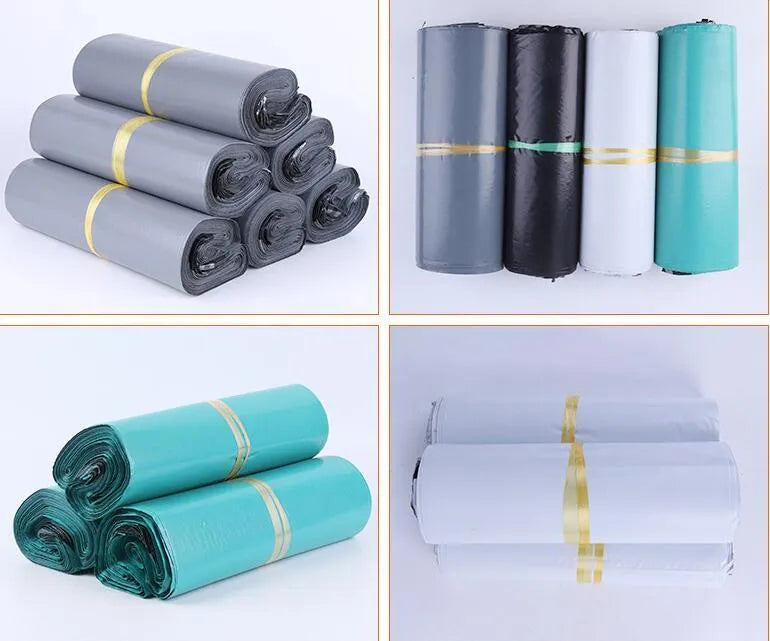 Bundle of 100 clear PE plastic courier bags with adhesive seals in various sizes on a white background.