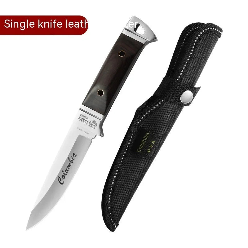 Camping multifunctional fruit knife with stainless steel blade and leather protective case