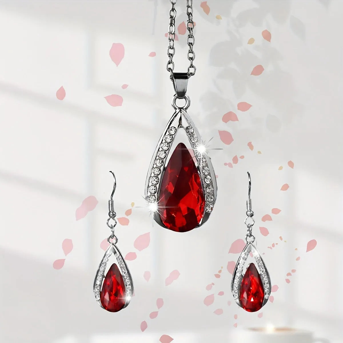 Black and red teardrop glass pendant necklace and matching earrings set