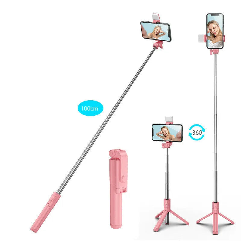 Black Bluetooth selfie stick with tripod base and phone holder, shown extended, for use with Apple iPhones.