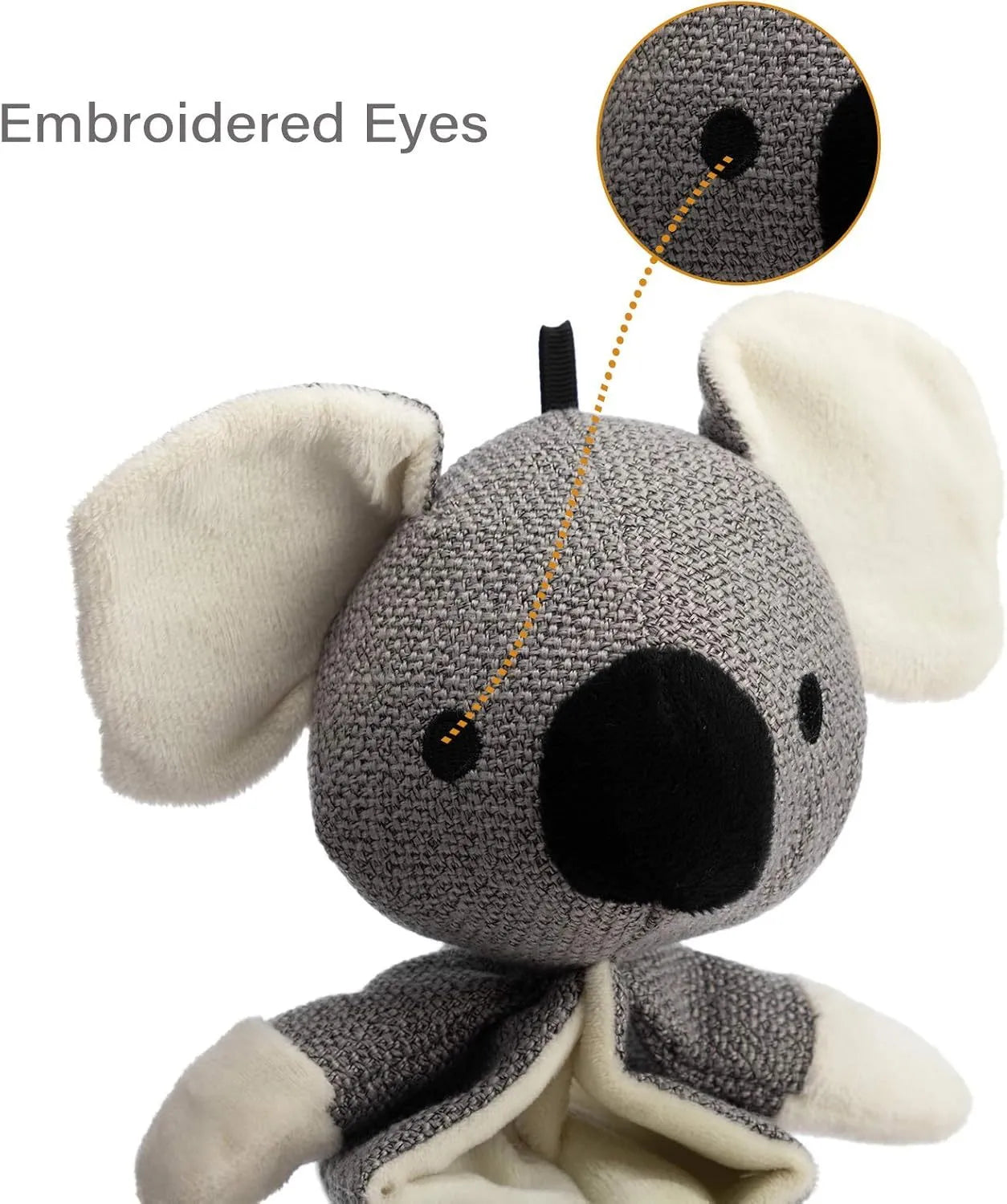 Grey koala dog toy with squeaky and crinkle paper sounds, measuring 30cm long