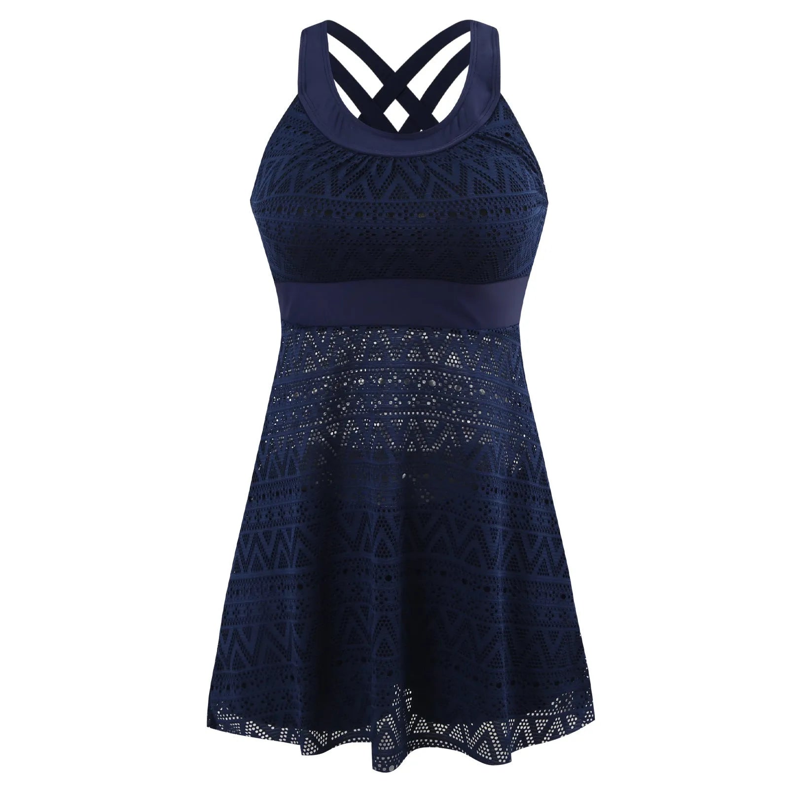 Ladies conservative black and dark blue slimming bikini swimsuit on a size chart.