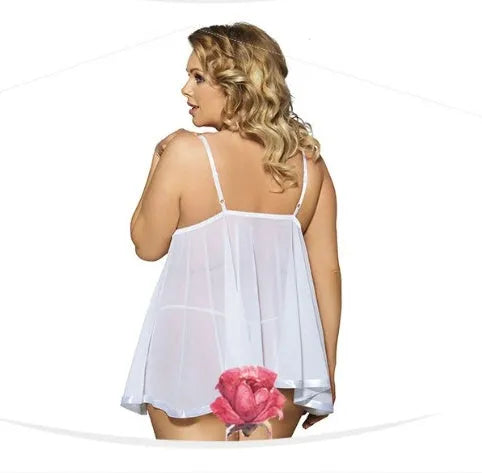 Women's plus size black mesh and lace lingerie sleep dress on a hanger.
