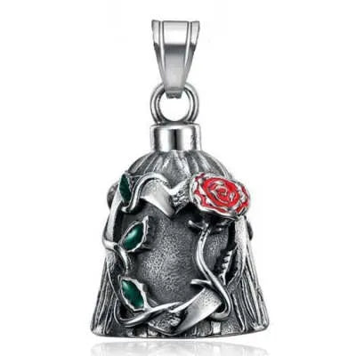 Titanium steel motorcycle lucky bell with vintage polished finish showing double-sided epoxy rose design