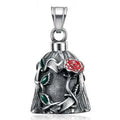 Titanium steel motorcycle lucky bell with vintage polished finish showing double-sided epoxy rose design