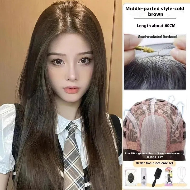 Forehead lace long straight synthetic wig in dark brown with side bangs styling