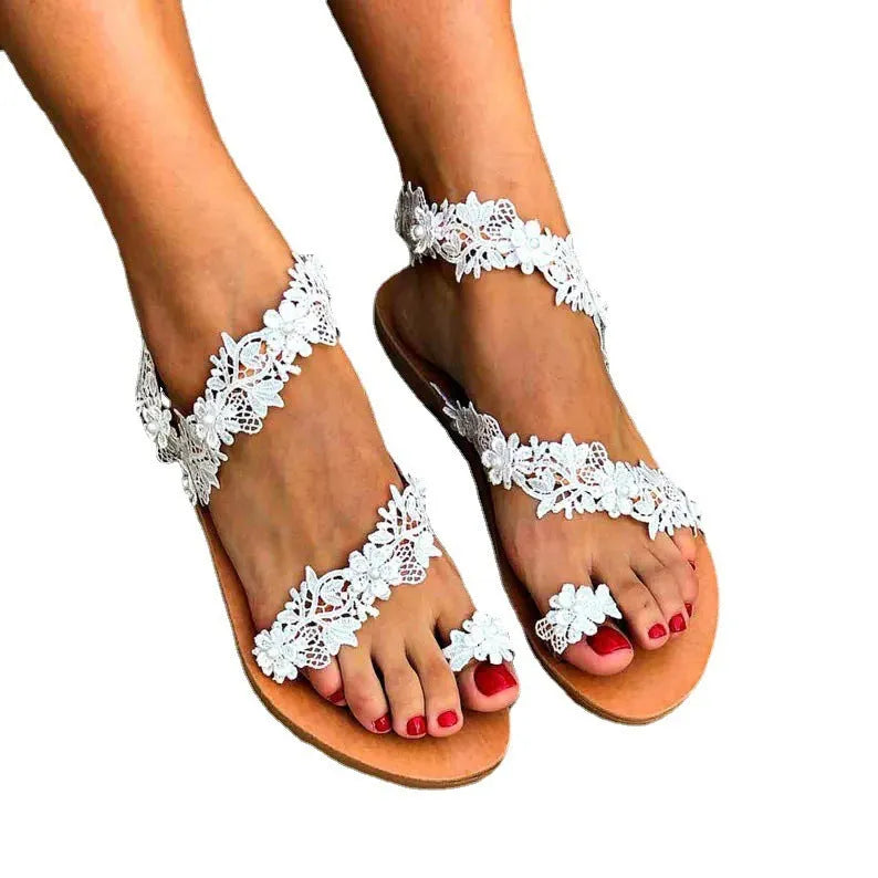 White women's sandals with floral pattern and rhinestones on PU upper, plus-size slip-on flats