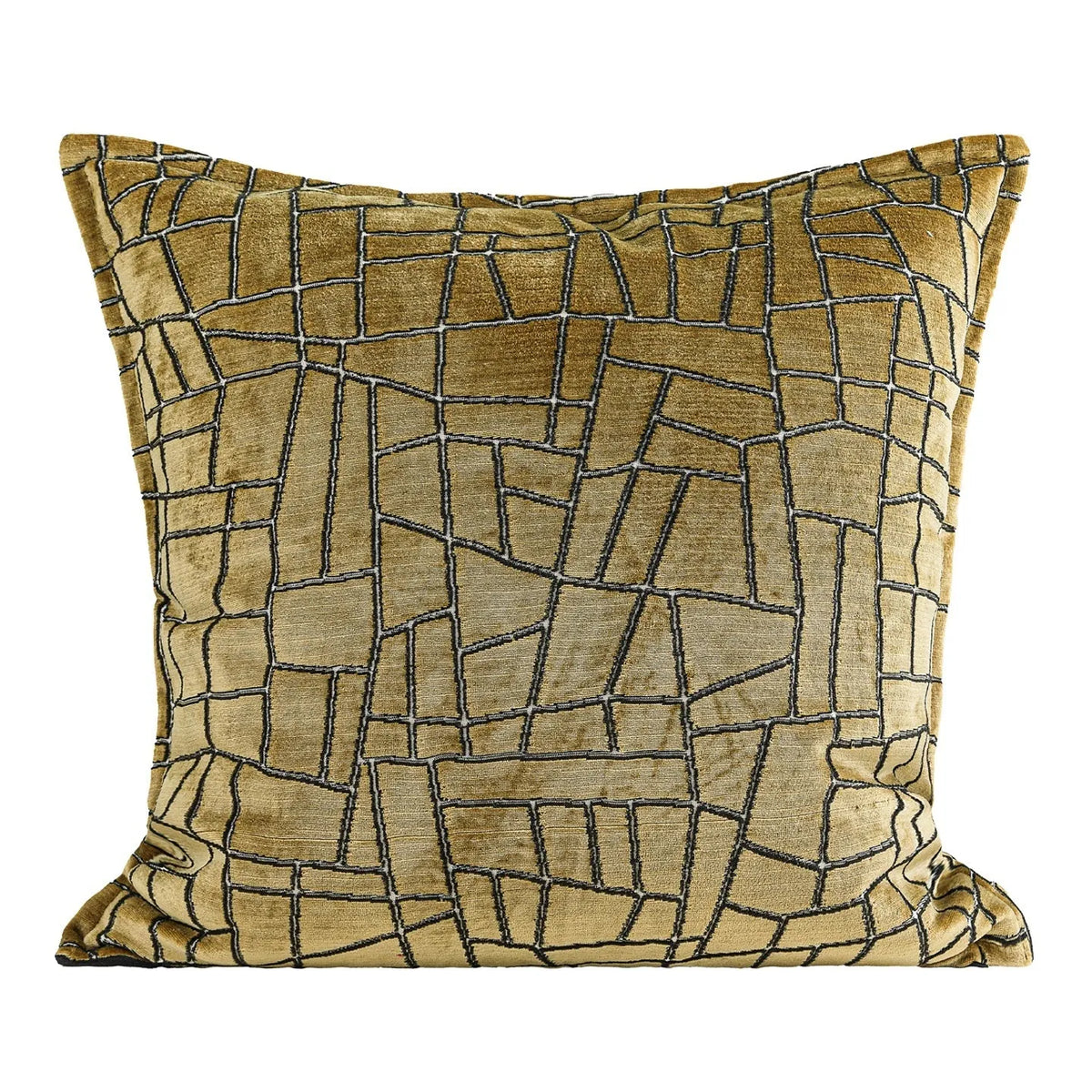 Geometric abstract cushion cover in local tyrant gold colour showing three size options