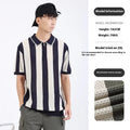Man wearing a striped short sleeve ice silk sweater with a zipper detail in sapphire blue.