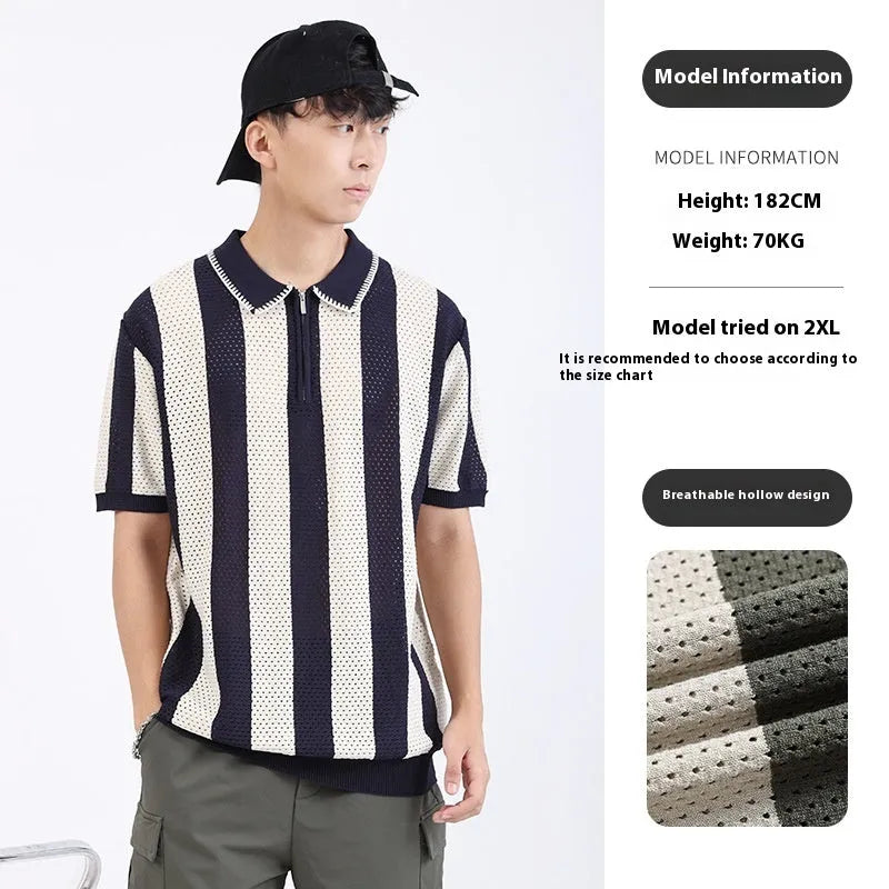 Man wearing a striped short sleeve ice silk sweater with a zipper detail in sapphire blue.