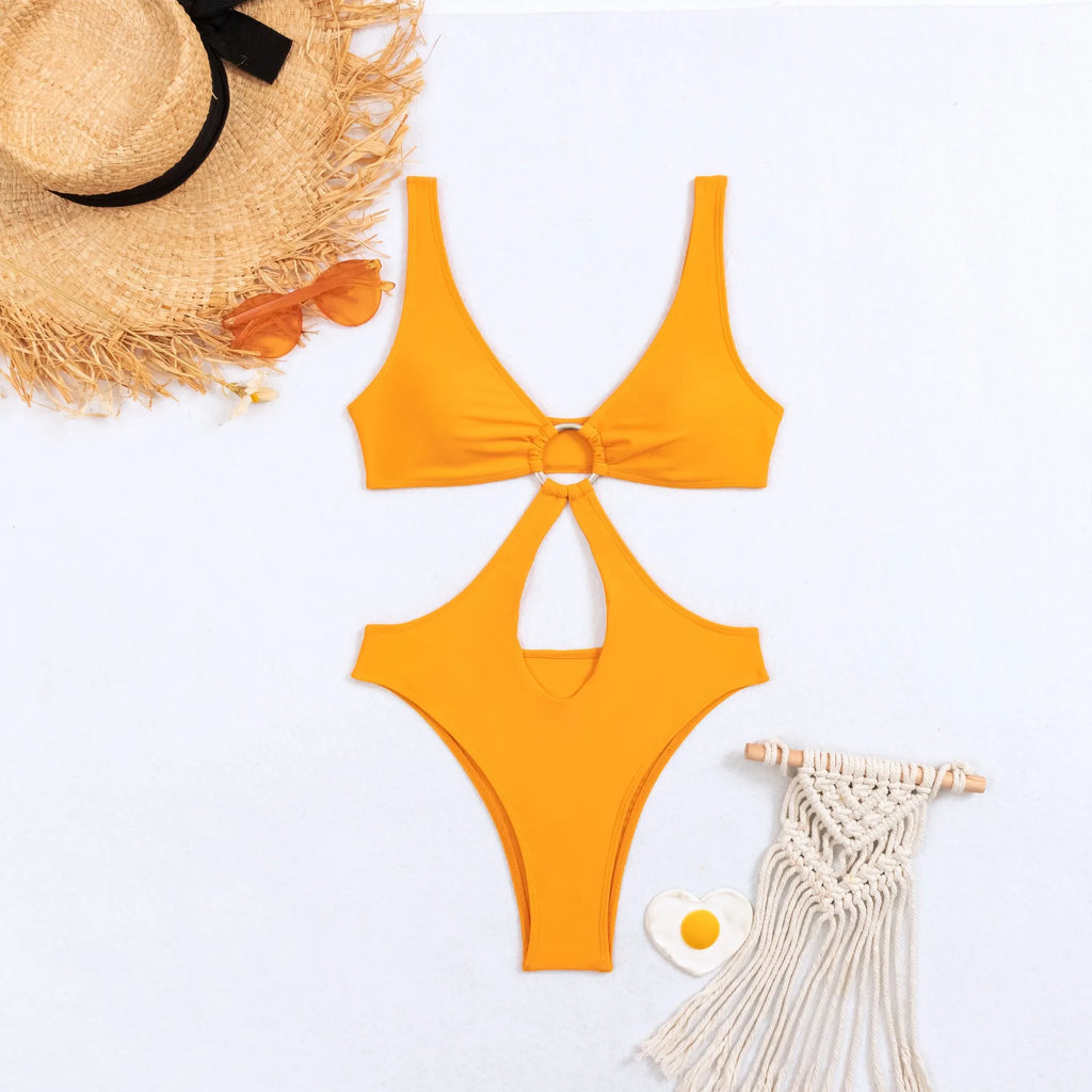 Women's black triangle one-piece sleeveless swimsuit made of nylon fabric on a mannequin