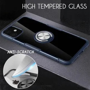 Black iPhone case with a built-in car holder arm on the back, shown next to a phone