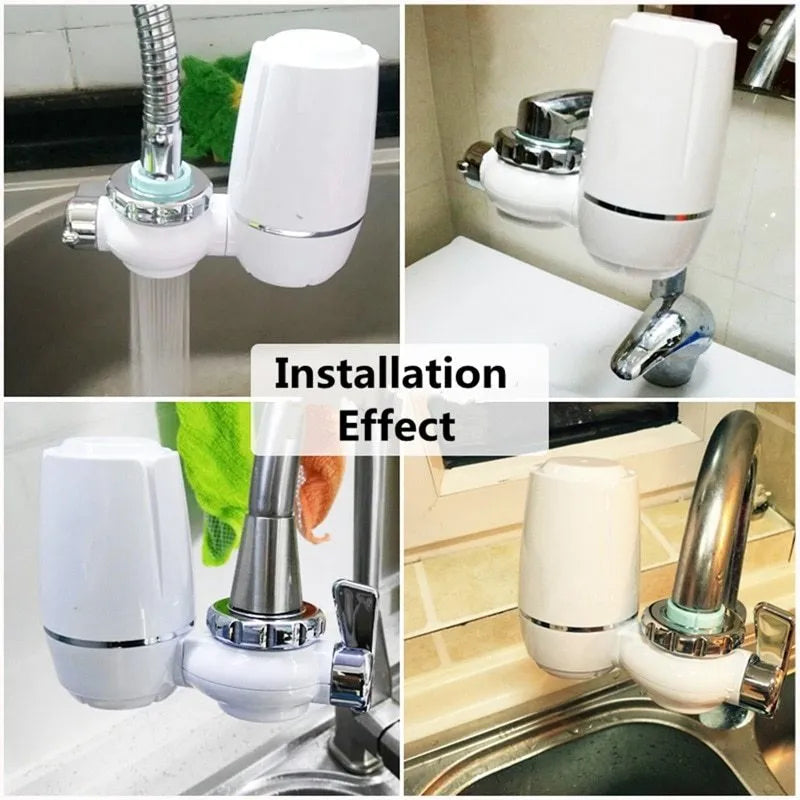 White plastic faucet water filter with adapter kit and ceramic cartridge for kitchen tap installation.