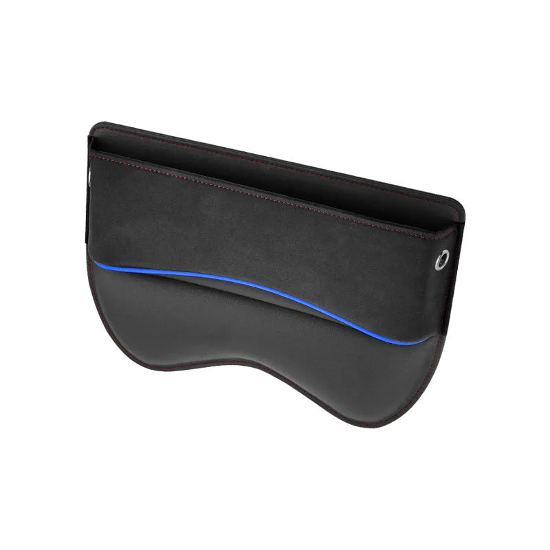 Black leather car seat storage box with a suede finish, shown on a car rear seat.