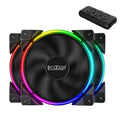 Three black 120mm RGB cooling fans for a PC case, showing illuminated blades.