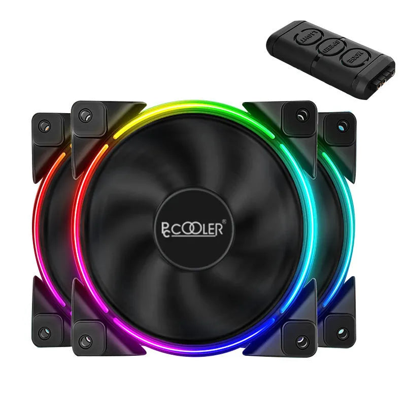 Three black 120mm RGB cooling fans for a PC case, showing illuminated blades.
