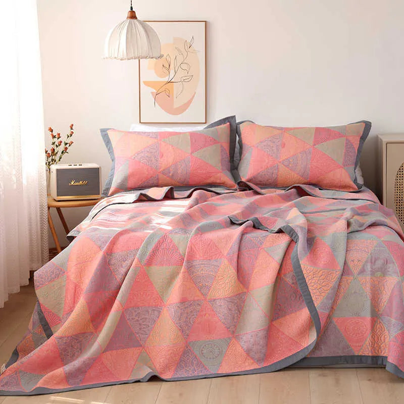 Cotton gauze bed blanket set with matching floral pillowcases in three size options