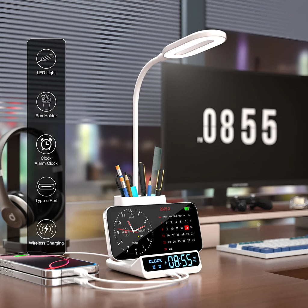 Modern black and white wireless charging desk lamp with integrated pen holder and storage compartment.