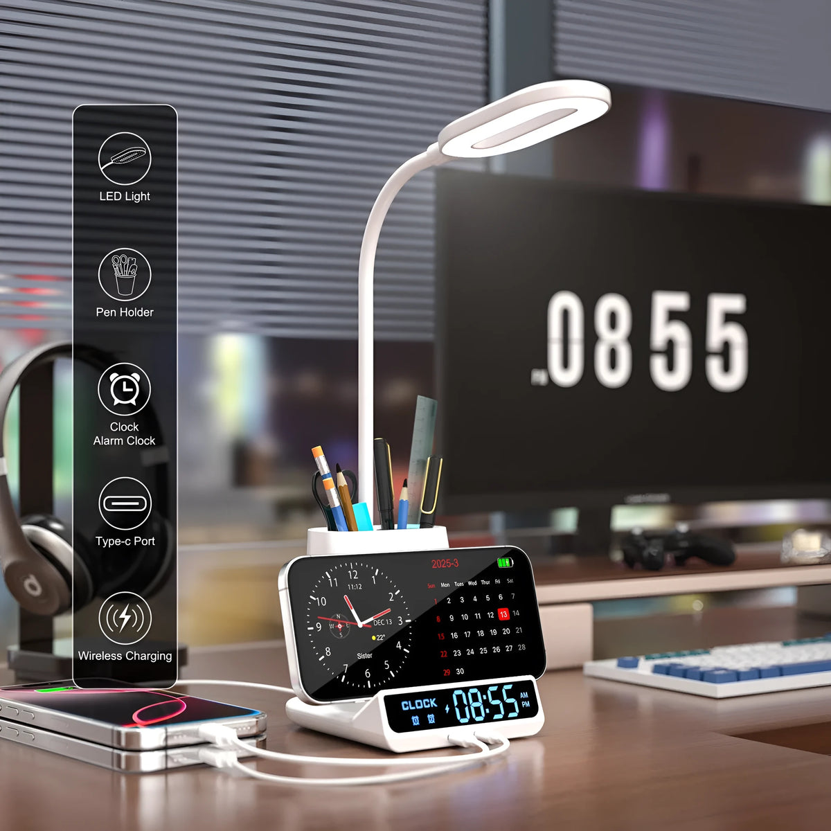 Modern black and white wireless charging desk lamp with integrated pen holder and storage compartment.