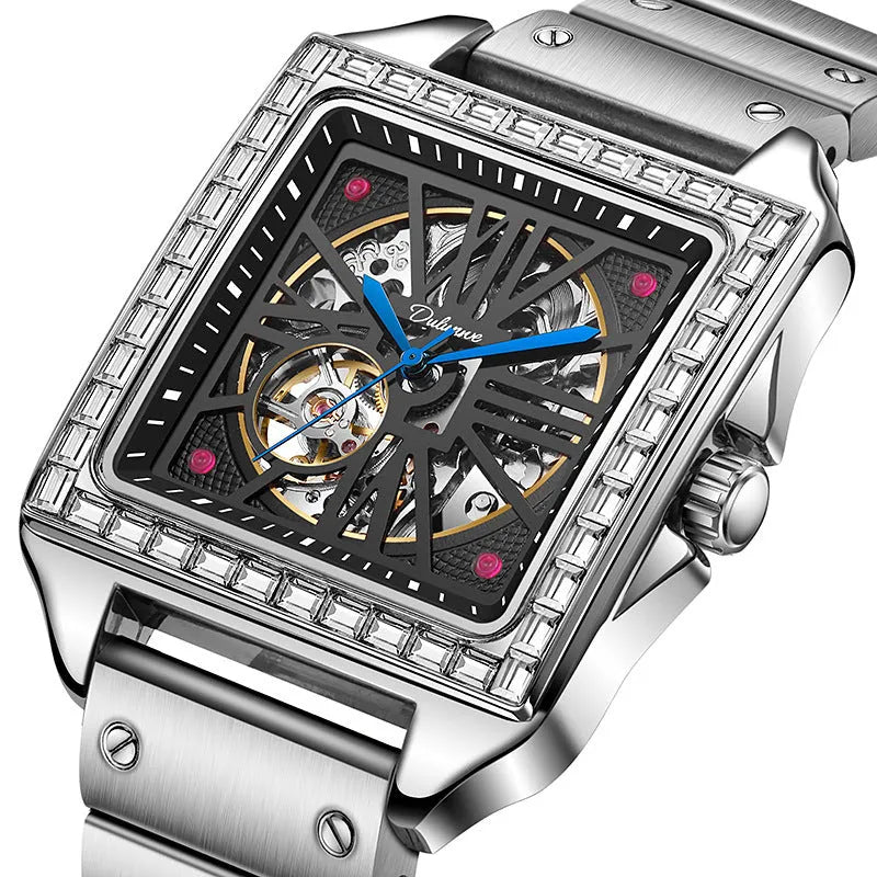 Men's square automatic watch with diamond-studded bezel on a steel bracelet